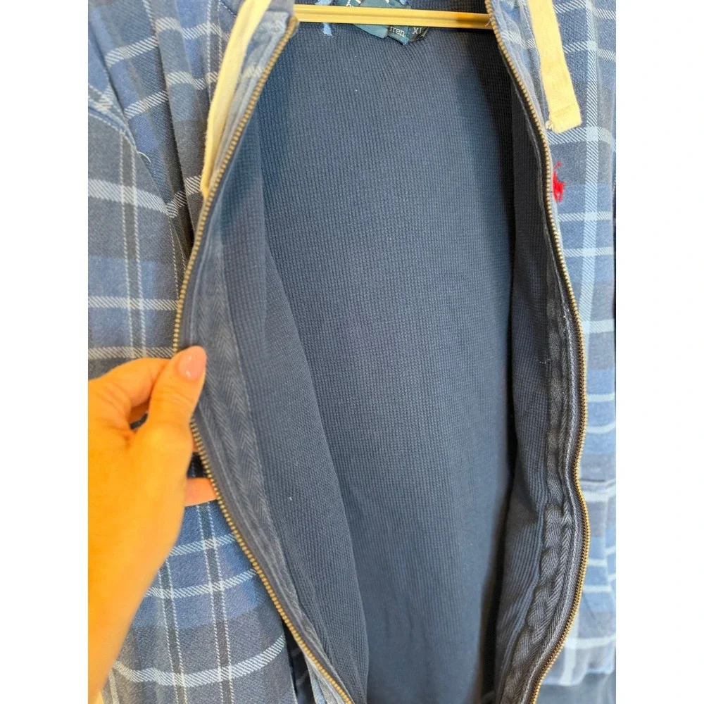 Polo Ralph Lauren Blue Plaid Waffle Lined Zip Up Hoodie Y2K XL Thermal Pony